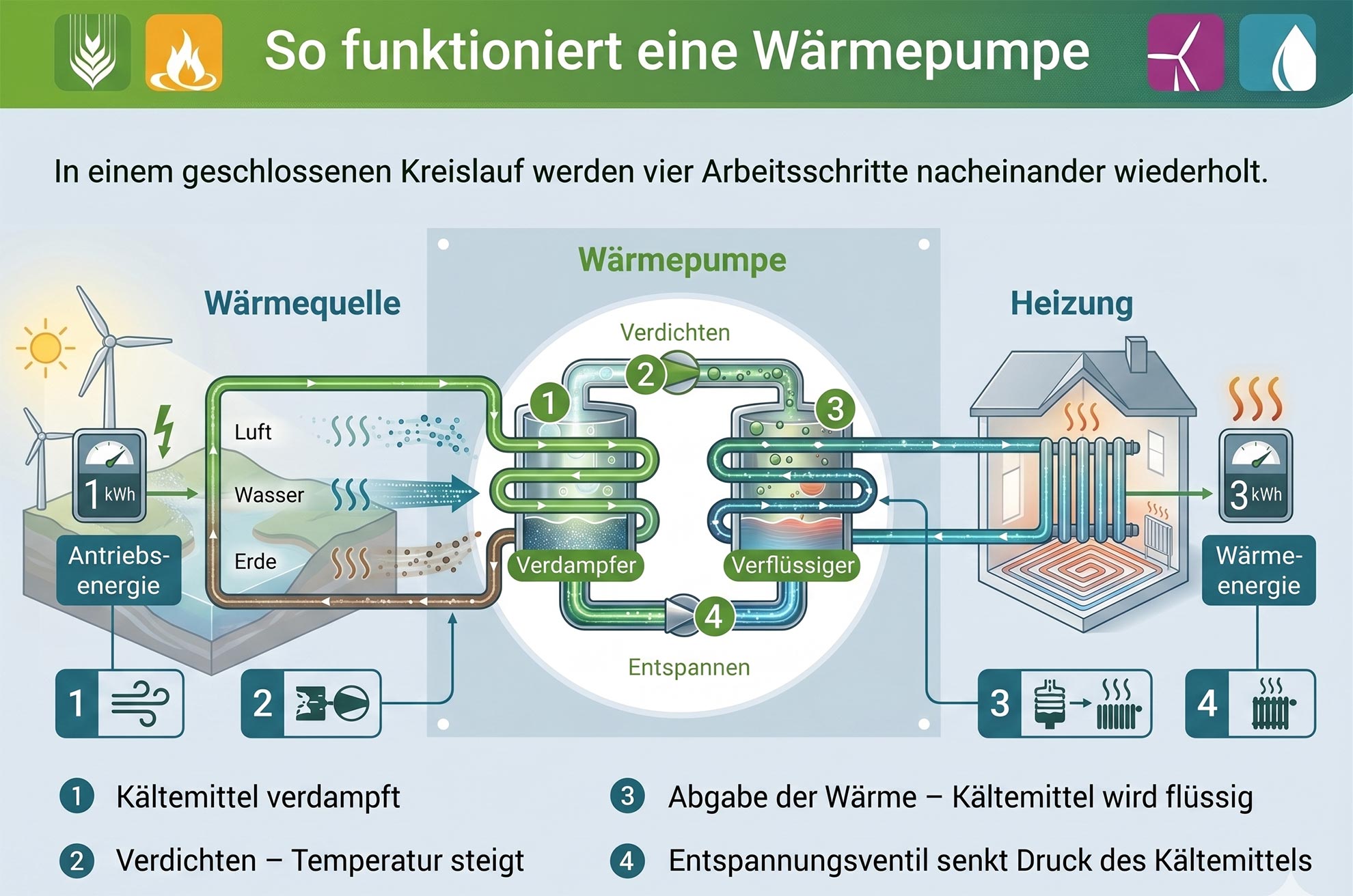 so-funktioniert-eine-waermepumpe Schema Funktionsweise Wärmepumpe – Kältemittelkreislauf